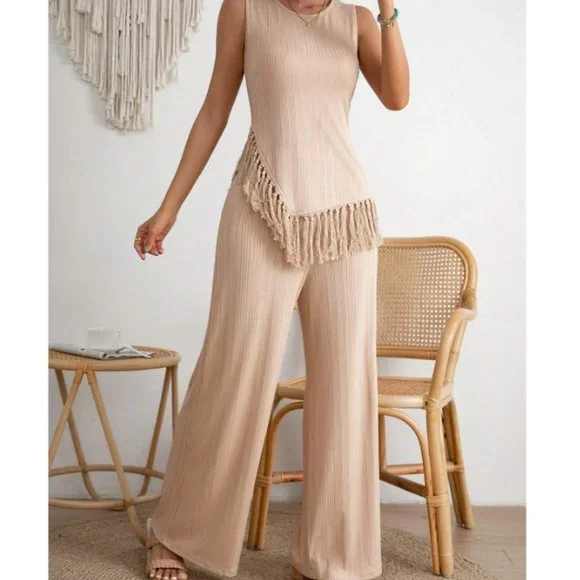 Apricot Boho Womens Fringe Hem Tank Top & Wide Leg Pants - Picture 4 of 4